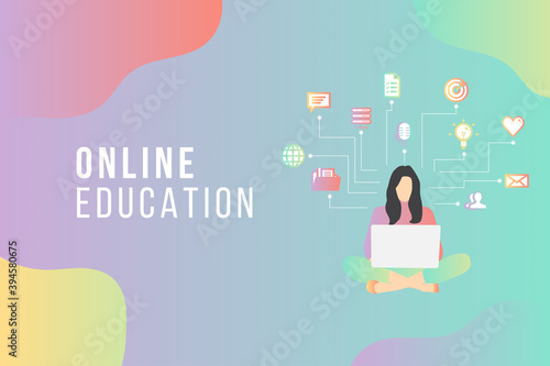 Online education concept with text place.Stay School Learn Study from home via teleconference web video conference call during coronavirus COVID-19 pandemic outbreak.E-learning infographic concept.