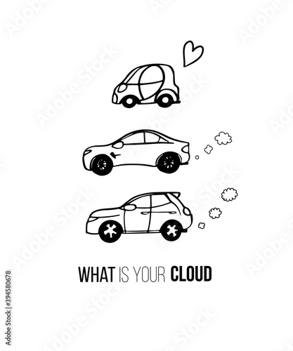 Doodle car sketch. Eco car fuel design on white. Cartoon city auto transport co2 exhaust concept illustration. Hand drawn line icon. Black continuous outline illustration. Abstract gas pollution view