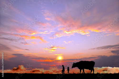 オレンジの空を背景に草原の牧場で牛を曳く老人と少女のシルエット