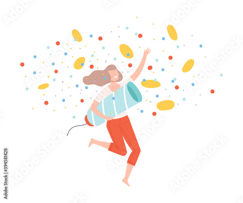 Young Man Holding Exploding Firecracker, Tiny Person Celebrating Birthday or Important Event Cartoon Style Vector Illustration