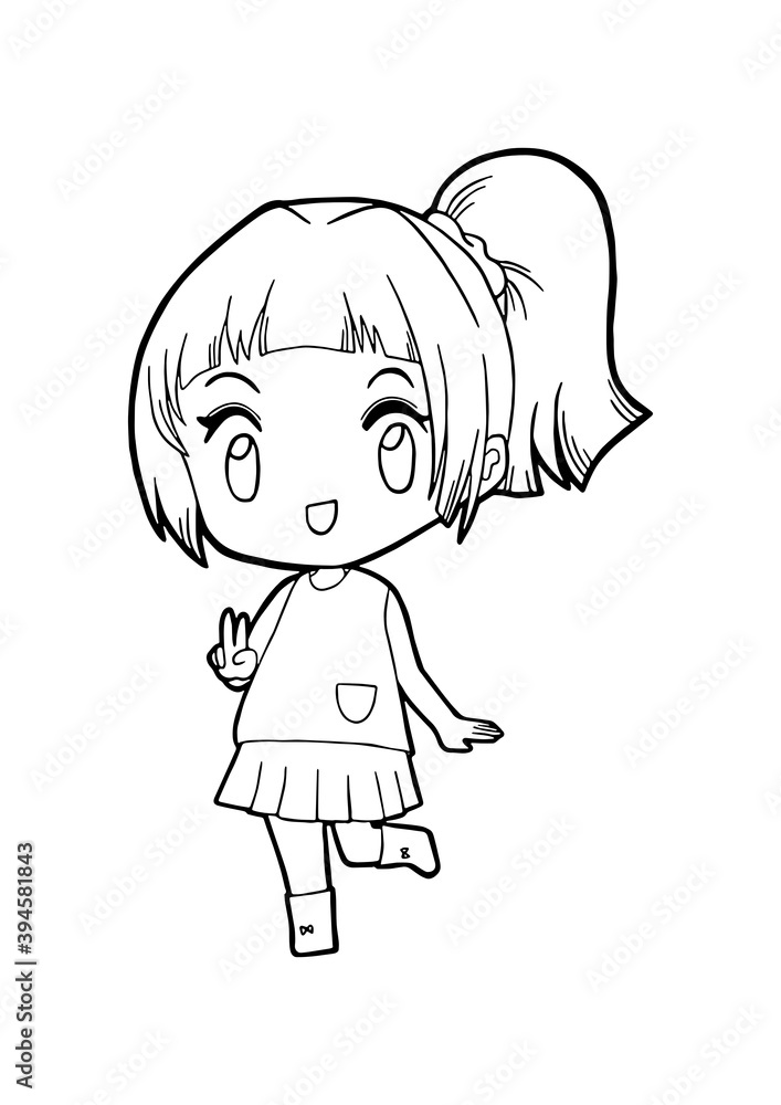Black line a cheerful girl and raised two fingers. Hand drawn cute cartoon character. Doodle for coloring, decoration or any design. Vector illustration of kid. Black line a cheerful girl and raised two fingers. Hand drawn cute cartoon character. Doodle for coloring, decoration or any design. Vector illustration of kid.
