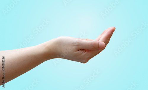 Concept support hand to ask for care, attention, and feelings isolated on green pastel background.with clipping path for hand