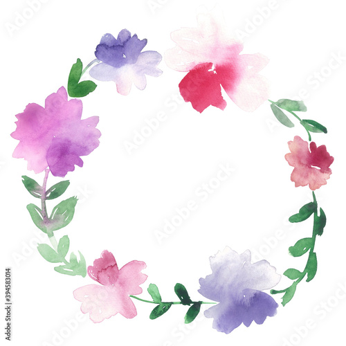 Watercolor abstract floral wreath in pink, purple and green.