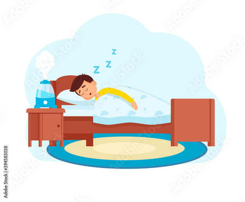 Little boy sleeps in the room where the humidifier works. Vector illustration