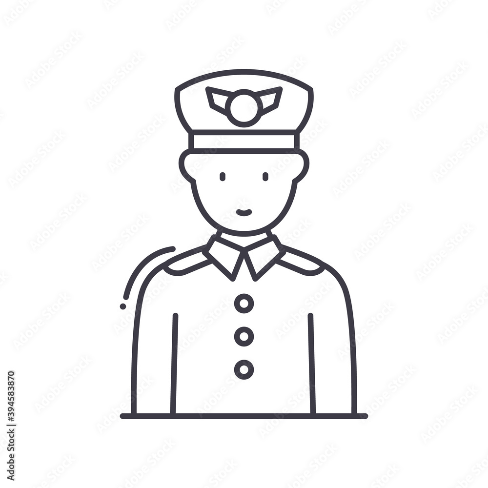 Pilot icon, linear isolated illustration, thin line vector, web design sign, outline concept symbol with editable stroke on white background. Pilot icon, linear isolated illustration, thin line vector, web design sign, outline concept symbol with editable stroke on white background.
