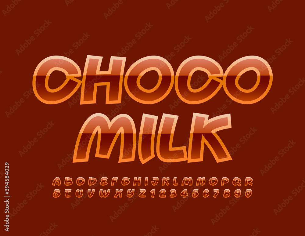 Vector creative sign Choco Milk. Glossy artistic Font. Modern shiny Alphabet Letters and Numbers set