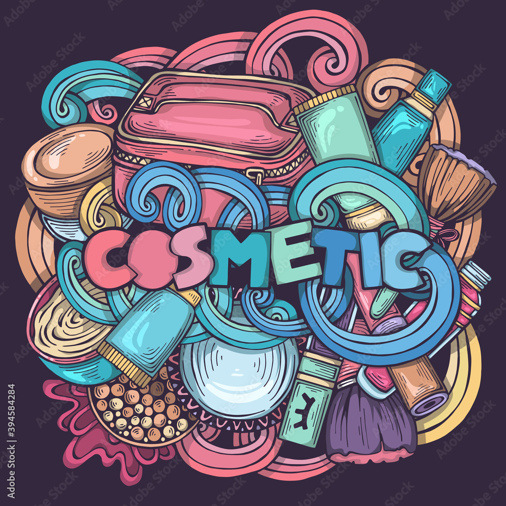 Colorful hand-drawn cute illustration on the theme of cosmetics. Original art with make up symbols. Female beauty design. Creative vector background