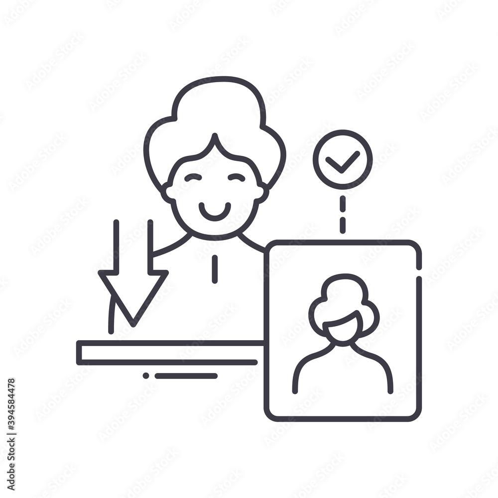 Person scanning icon, linear isolated illustration, thin line vector, web design sign, outline concept symbol with editable stroke on white background. Person scanning icon, linear isolated illustration, thin line vector, web design sign, outline concept symbol with editable stroke on white background.