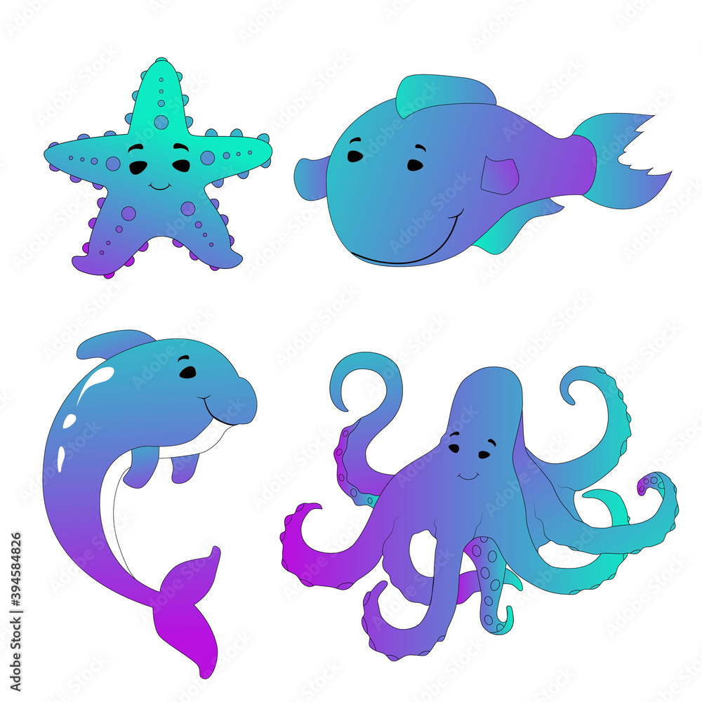 Obraz premium Set of cute sea animals. Series of marine animals in color on a white background. Collection of fish and sea animals. Cartoon gradient flat vector illustration.