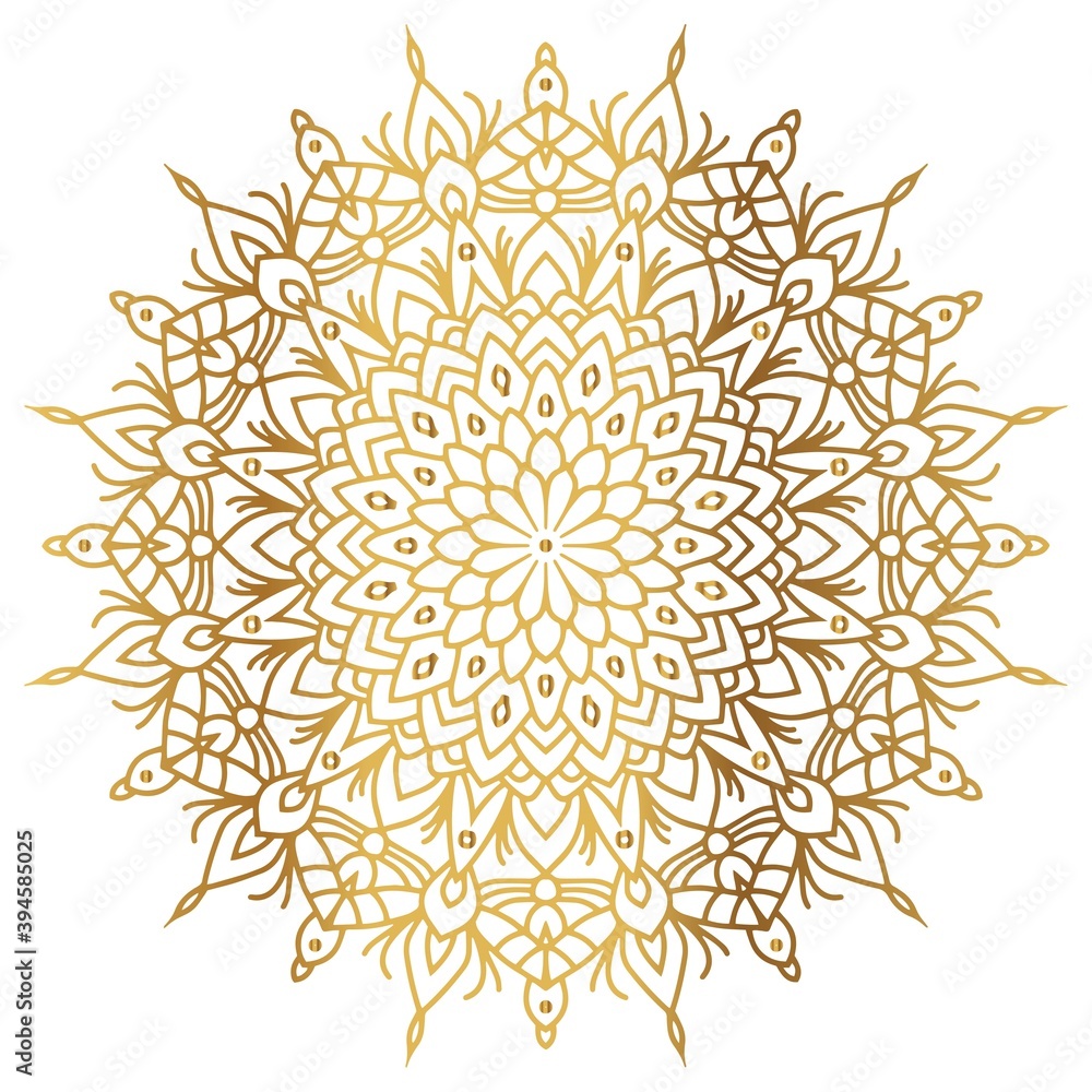 Mandala with golden gradient. Luxury ornamental in gold color. Round ornament, repeating elements. Mandala with golden gradient. Luxury ornamental in gold color. Round ornament, repeating elements.