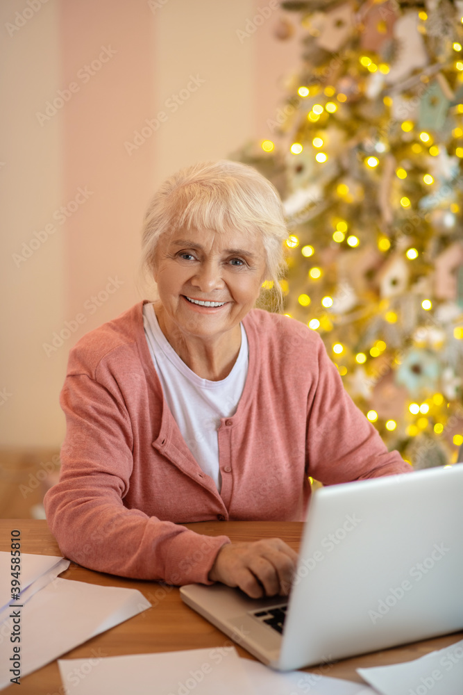 Elderly woman working on a laptop and smiling Elderly woman working on a laptop and smiling