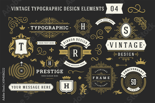 Vintage typographic decorative ornament design elements set vector illustration