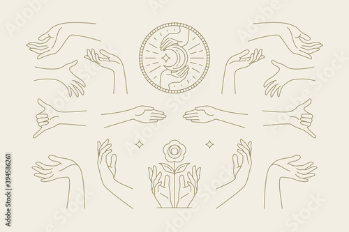 Female hands gestures collection of line art hand drawn style vector illustrations.