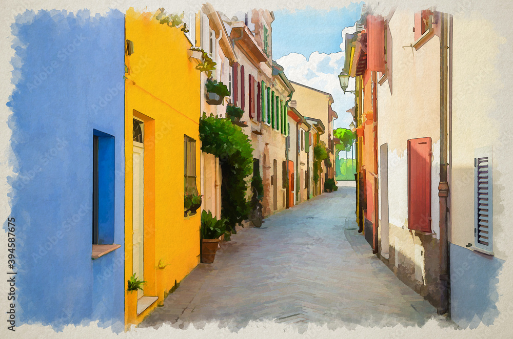 Fototapeta premium Watercolor drawing of Typical italian cobblestone street with colorful buildings, traditional houses with green plants on walls and windows in old historical city centre, Emilia-Romagna