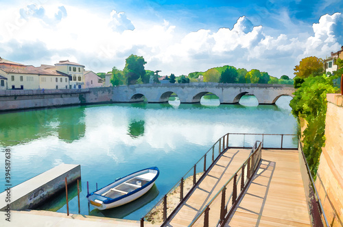 Watercolor drawing of Boat in blue water near pier and stone arch Tiberius bridge Ponte di Tiberio Augustus Bridge over Marecchia river in historical city centre Rimini  Emilia-Romagna  Italy