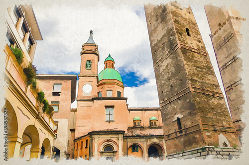 Watercolor drawing of Two medieval towers of Bologna Le Due Torri: Asinelli and Garisenda and Chiesa di San Bartolomeo Gaetano church in old historical city centre, Emilia-Romagna, Italy photo
