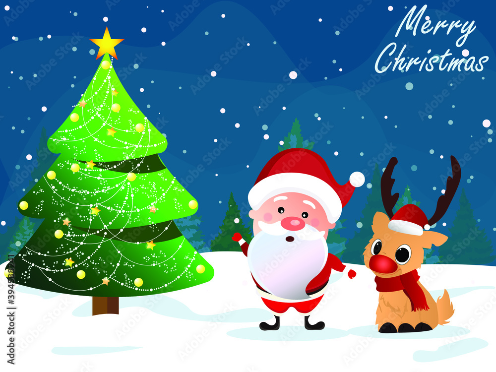 Winter Christmas background with Santa Claus and his reindeer Vector illustration. Snowflakes sky. falling snow and Christmas tree sign, for graphic, landscape, copy space, sale, merry christmas Winter Christmas background with Santa Claus and his reindeer Vector illustration. Snowflakes sky. falling snow and Christmas tree sign, for graphic, landscape, copy space, sale, merry christmas