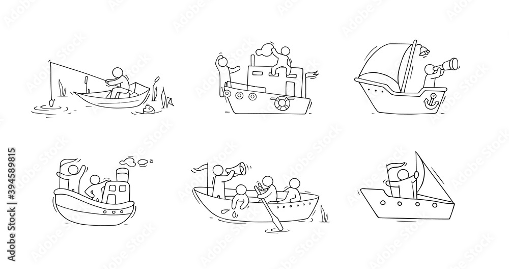 Fototapeta premium Sketch set with people and boats.