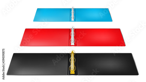 Open 3 ring binder file folder. Side view, diminishing perspective. Color mockup set. Black, red, blue colours. Easy to recolor