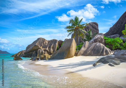 beautiful tropical beach at anse source d'argent, la digue, seychelles