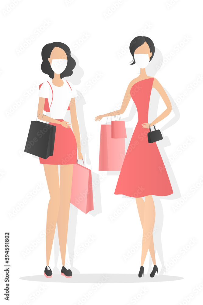 Women in masks hold shopping bags. Vector illustration. Women in masks hold shopping bags. Vector illustration.