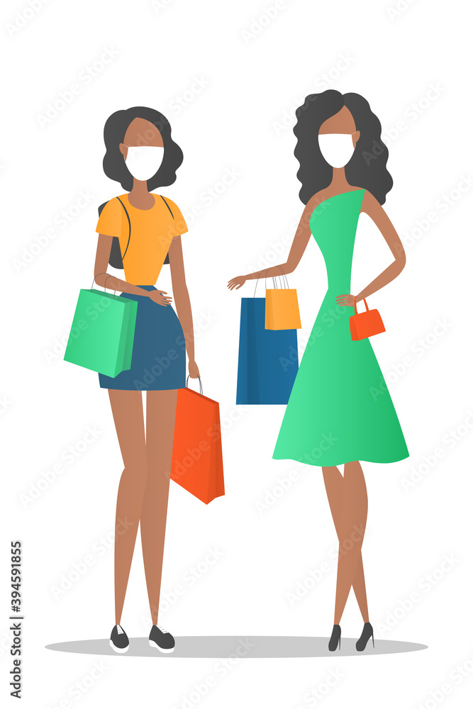 African women in masks hold shopping bags. Sale. Vector illustration.