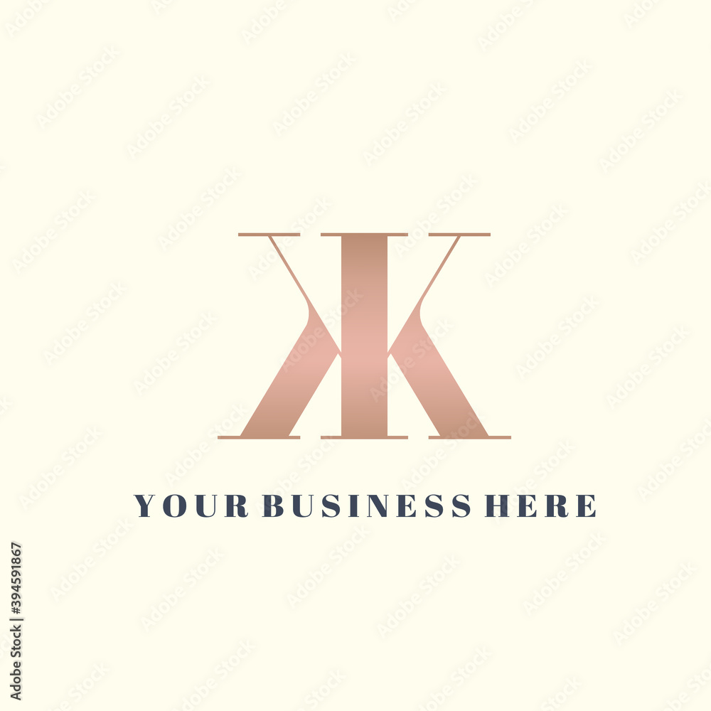 KK monogram logo.Typographic icon with uppercase letter k.Lettering sign in rose gold metallic color isolated on light background.Alphabet initials shape.Beauty, luxury boutique style. KK monogram logo.Typographic icon with uppercase letter k.Lettering sign in rose gold metallic color isolated on light background.Alphabet initials shape.Beauty, luxury boutique style.