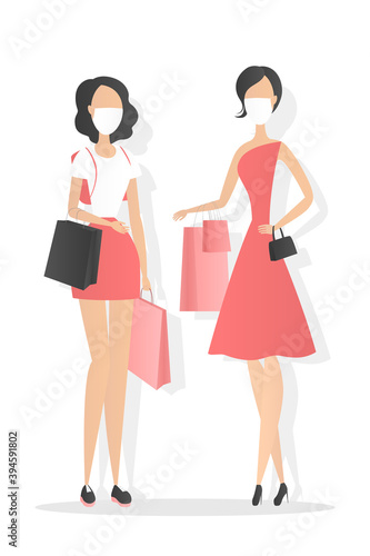 Women in masks hold shopping bags. Vector illustration.