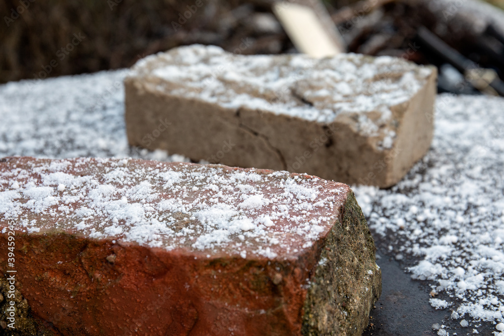 Snowy old bricks. Construction season and weather conditions. Cold and work safety Snowy old bricks. Construction season and weather conditions. Cold and work safety