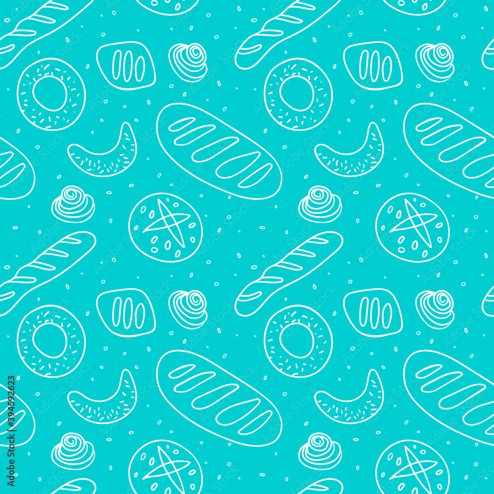 Bakery shop background with vector bread icons. Cooking courses design. Azure bakery seamless pattern for pastry label design, bread packaging, culinary blog, branding cafe. Flat backdrop.