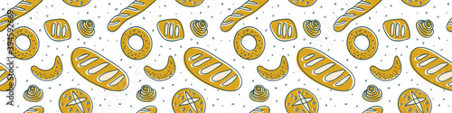 Bakery shop background with vector bread icons. Cooking courses design. Bakery seamless pattern for pastry label design, bread packaging, culinary blog, branding cafe. Flat white backdrop.