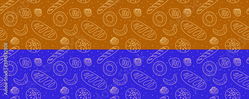 Purple colored seamless pattern for pastry label design, bread packaging, culinary blog, branding cafe. Bakery shop background with vector bread icons. Cooking courses design. Flat ochre backdrop.