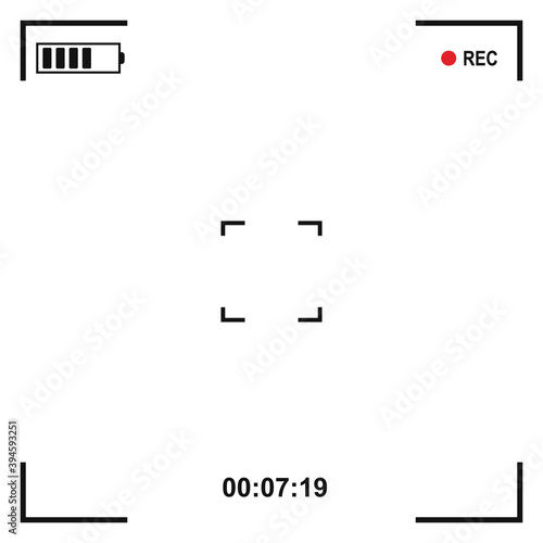 White user interface of camera viewfinder. Focusing screen in the center of camera in recording time isolated on white background. Vector illustration.