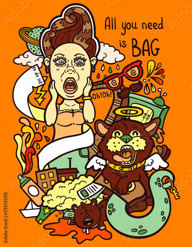 Funny illustration about what you can find in women's handbag