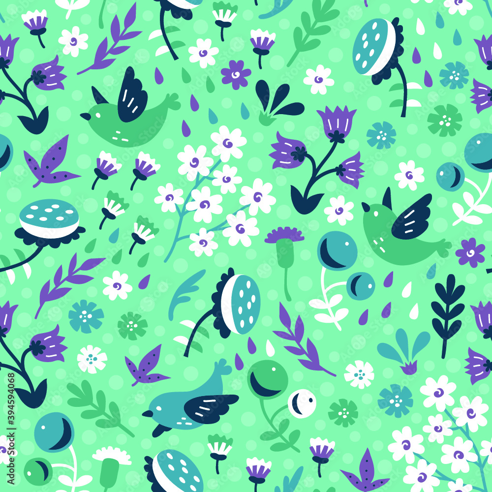 Vector seamless background pattern with hand drawn birds and blooms Vector seamless background pattern with hand drawn birds and blooms