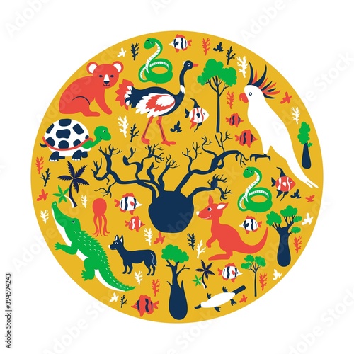 Australian wild animals, colorful trees, vector cartoon illustration, round frame, travel background with mammal koala, kakadu, snake, kangaroo, crocodile, fish, decorative texture for design zoo