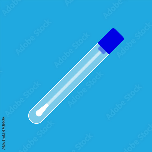 Test tube with swab sample. Coronavirus testing. DNA sample. Cotton stick for nasal or saliva swab analysis. Testing kit. Blank test sample. Color icon on blue background. Vector illustration,clip art
