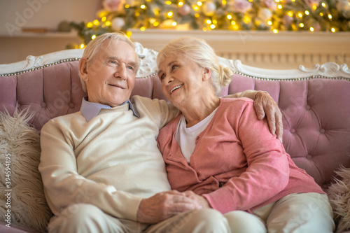 Senior couple sitting on a sofa and looking romantic © zinkevych