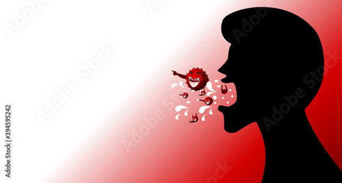 Silhouette of a man sneezing or coughing, saliva and virus come out of his mouth.Corona virus cartoon character concept.Vector and illustration.
