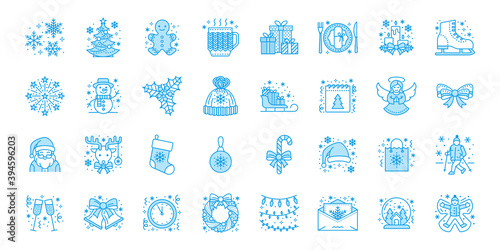 Christmas, new year flat line icons. Winter holidays - pine tree gift, snowman, santa claus, fireworks, angel. Vector illustration, signs for celebration xmas party. Blue color, Editable Stroke