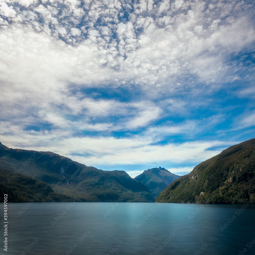 Vertical panorama of the spectacular wilderness in the fjord at Doubtful Sound in New Zealand, South Island.