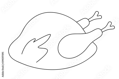 Roasted turkey. Juicy meat. Vector illustration. Outline on an isolated white background. Doodle style. Coloring book for children. Sketch. Thanksgiving day symbol. Appetizing chicken.