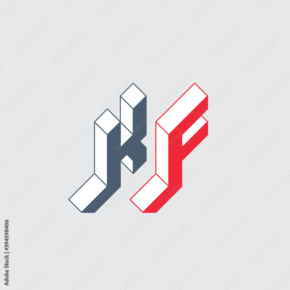 KF - logo or 2-letter code. Isometric 3d font for design. Letters K and F - Monogram or logotype. Three-dimension original letters.