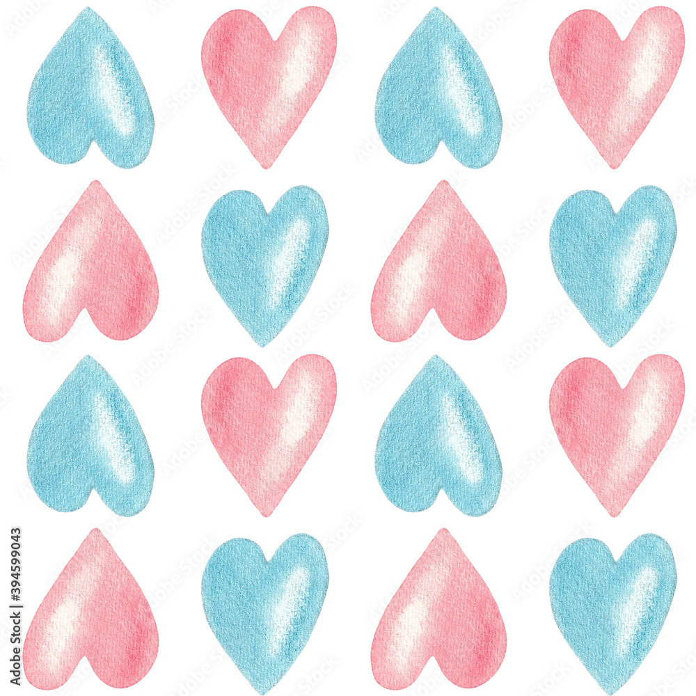 Seamless pattern with blue and pink hearts on white background, hand painted watercolor illustration