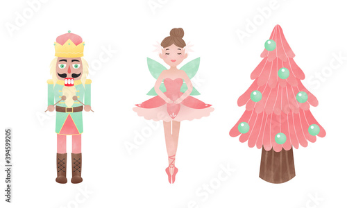 Nutcracker, ballerina, and pink Christmas tree. Fairy tale clip art. Watercolor effect vector.