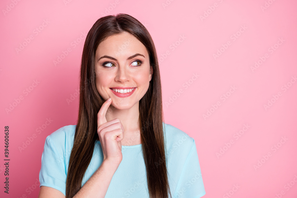 Portrait of nice lovely girl look good copyspace touch chin finger feel curious isolated over pink color background Portrait of nice lovely girl look good copyspace touch chin finger feel curious isolated over pink color background