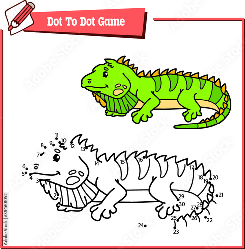  Vector illustration educational game of dot to dot puzzle with happy cartoon iguana for children