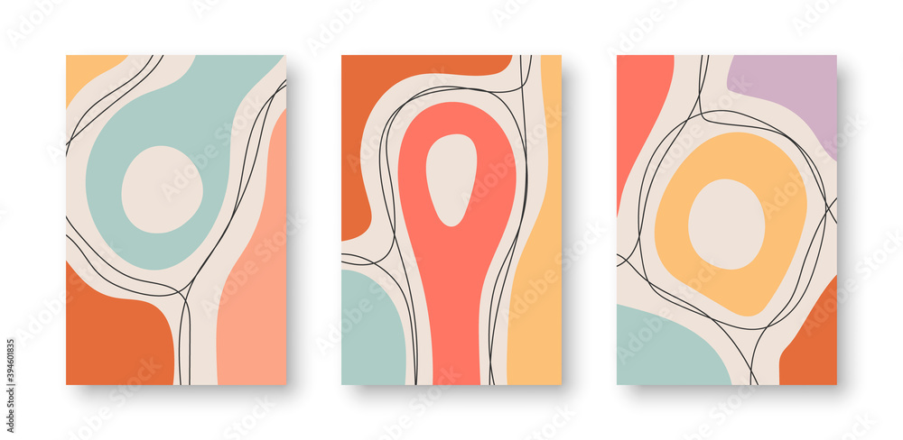 Set of hand drawn abstract backgrounds, posters,  various shapes and doodle objects. Contemporary modern trendy vector illustrations in pastel colors.