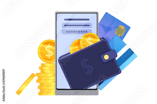 Digital wallet and online payment finance vector concept with smartphone screen, cards, coins. Internet banking and e-commerce cartoon illustration isolated on white. Digital wallet or money transfer