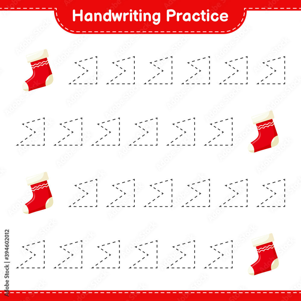 Handwriting practice. Tracing lines of Christmas Stocking. Educational